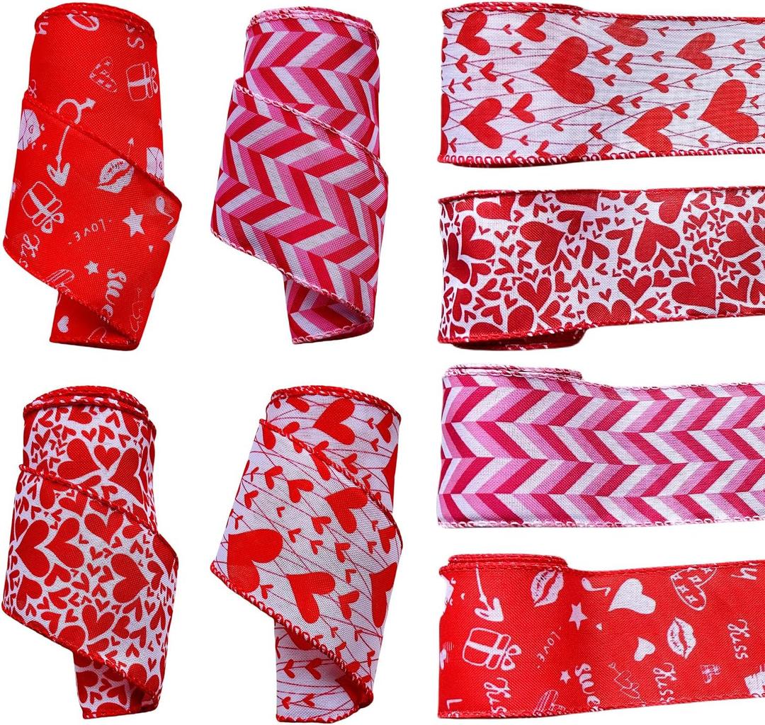 3 x Red Heart Wired Edge Ribbon, Pink Dot Wide Pink Dot Craft Ribbon for Wrapping and DIY Projects, 20 Yards, 2.5 inches