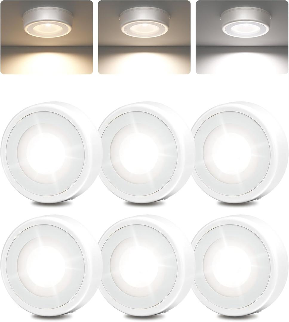 EZVALO LED Puck Lights, Rechargeable Sitck On Tap Lights, Wireless Closet Light, 3 Color Temps, Under Cabinet Lights, 2.5'' Mini Touch Light, Ideal for Kitchen,Closet,Pantry,Shelves,Camper(6 Pack) (White)