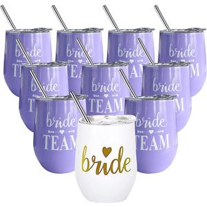 LADY & HOME Bridesmaid Tumblers - 12oz Bride Tribe Stainless Steel Wine Tumblers, Set of 10 Insulated Cups for Bachelorette Party, Engagement, Bridal Shower (Lavender)