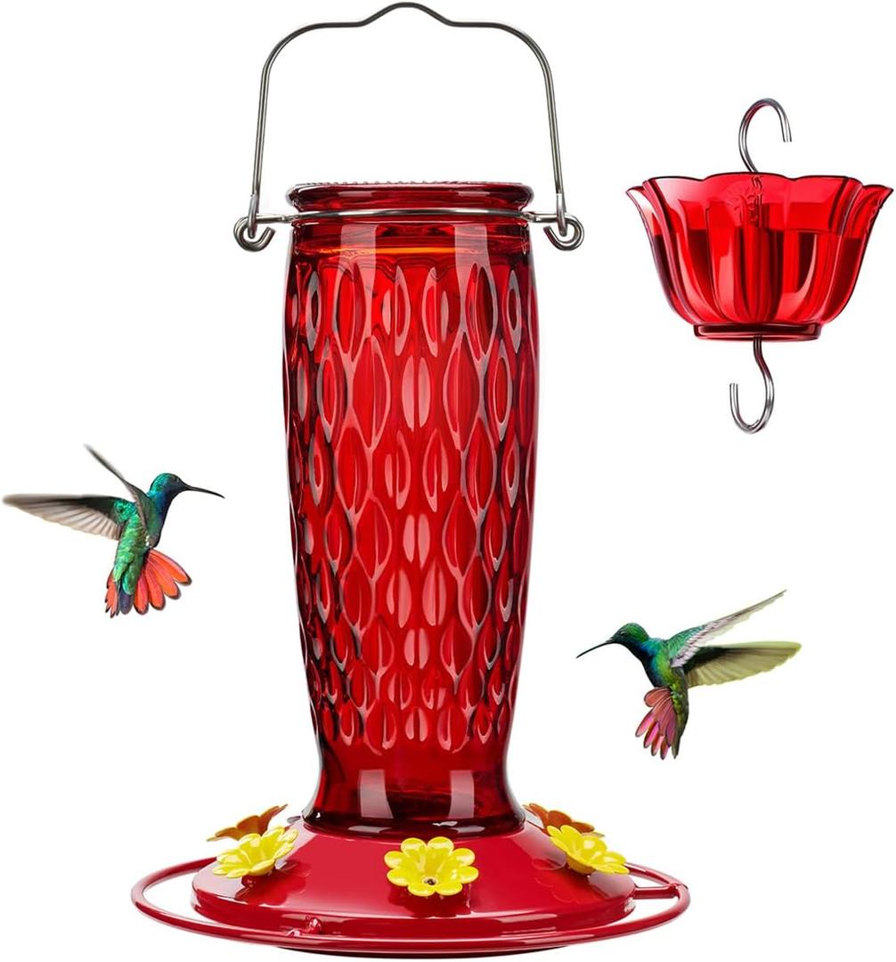 Kingsyard Hummingbird Feeders for Outdoors Hanging, 24 Ounce, Glass Hummingbird Feeder with Ant Moat & 6 Bee Guard Feeding Ports, Leak-Proof, Red