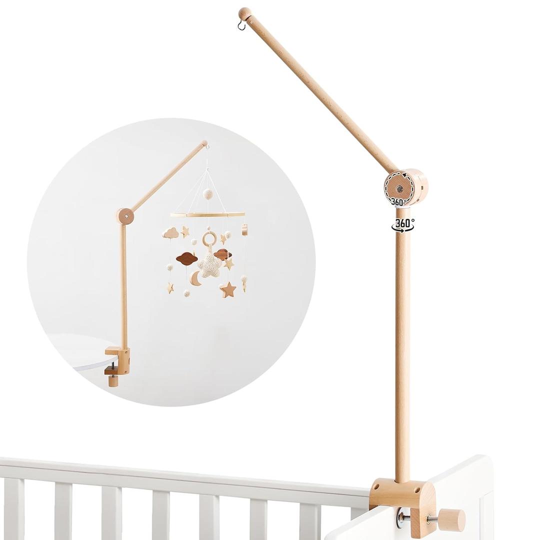 Baby Crib Mobile Arm - Wooden Mobile Arm with Height Adjustable360 Rotatable Upgraded Arched Base Nursery Mobile Holder for Crib Mobile Hanger Baby Crib Attachment Nursery Decor