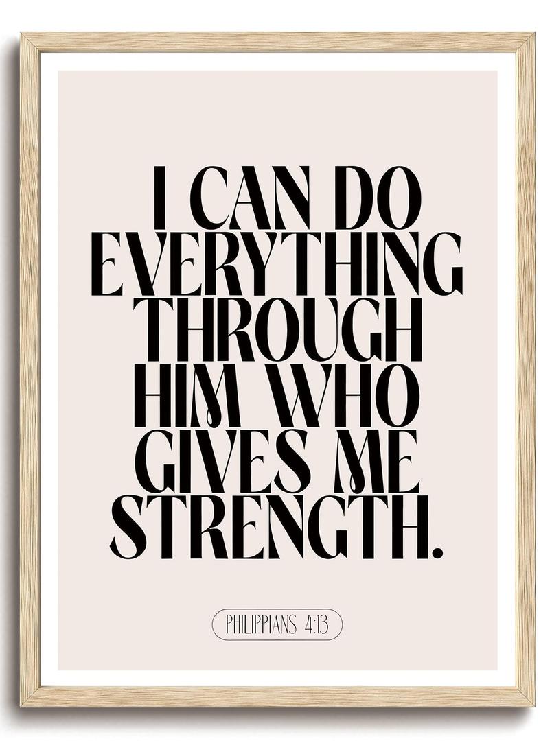 KISSFOX Jesus Christian OAK Wood Framed Wall Art Inspirational Philippians 4:13 Bible Verse Canvas Art Prints Modern Scripture Pictures Wall Decor Boho Art Paintings Posters For Bedroom Living Room, Size: 12"x16" Wood