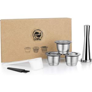 i Cafilas Reusable Coffee Pods Compatible with Nespresso Original Line, Stainless Steel Refillable Espresso Capsules with Tamper, Dishwasher Safe Metal Cups (3 Pods + 1 Tamper)