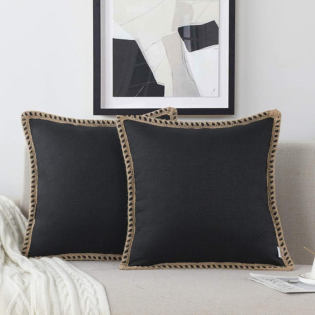 NordECO HOME Set of 2 Farmhouse Throw Pillow Covers - Burlap Linen Trimmed Tailored Edges Decorative Cushion Covers for Bed Home Decoration, 18 x 18, Black (18" x 18" (Pack of 2), Black 2/ Linen Band)