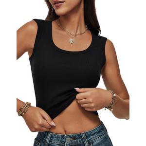 Women Wide Strap Ribbed Cropped Tank Tops 2026 Summer Trendy Crop Top Tight Fit Basic Sleeveless Camisole (Black, M)