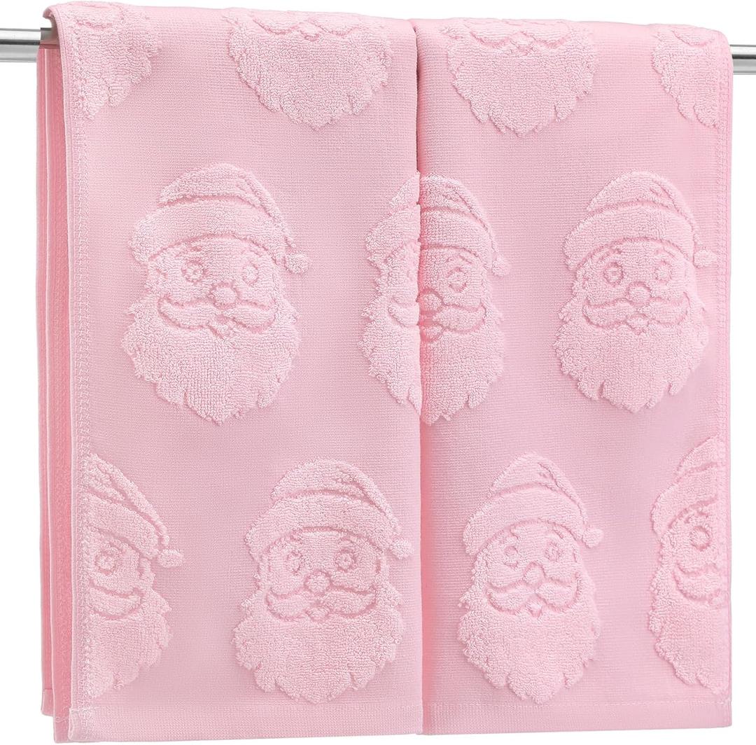 Breling 2 Pcs Christmas Hand Towels Pink Santa Claus Bathroom Decorative Towels 100% Cotton Absorbent Jacquard Weave Bath Decor Winter Holiday Bathroom Decor Xmas Gifts 13.7''x29.5''