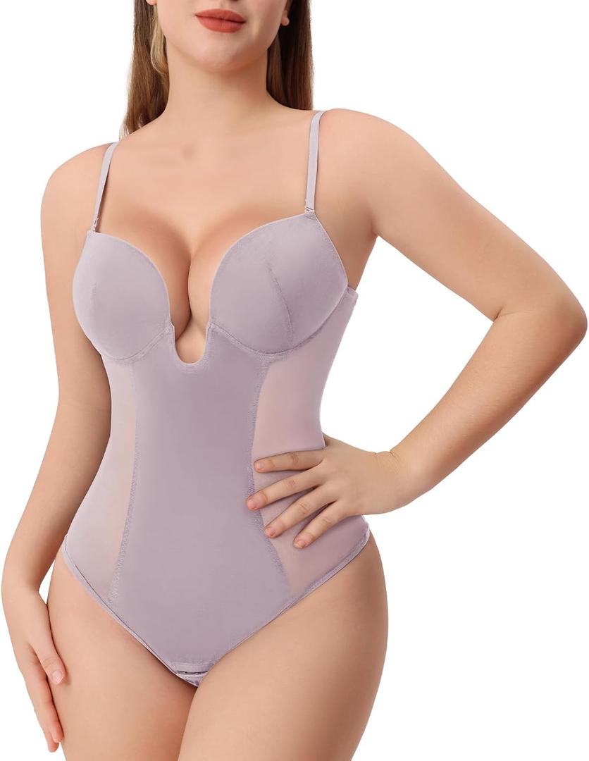 Thong Shapewear for Women Tummy Control Low Back U Plunge Backless Body Shaper Bra Faja with Open Crotch Bodysuit (Large, Pink)