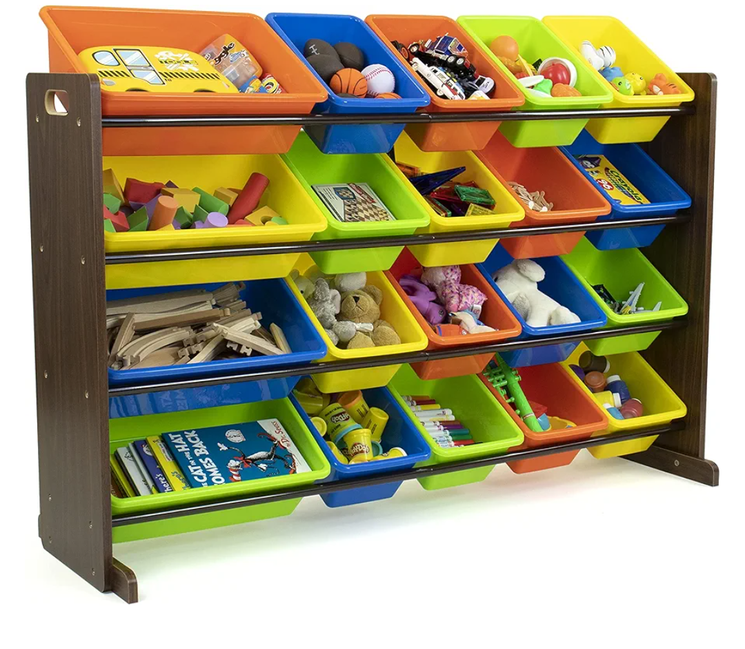 Humble Crew Extra-Large Toy Organizer with 20 Plastic Bins – Dark Walnut/Neon Storage Rack with 4-Tier Shelves, Anti-Tip Safety, for Kids’ Rooms, Playrooms, Nurseries & Classrooms