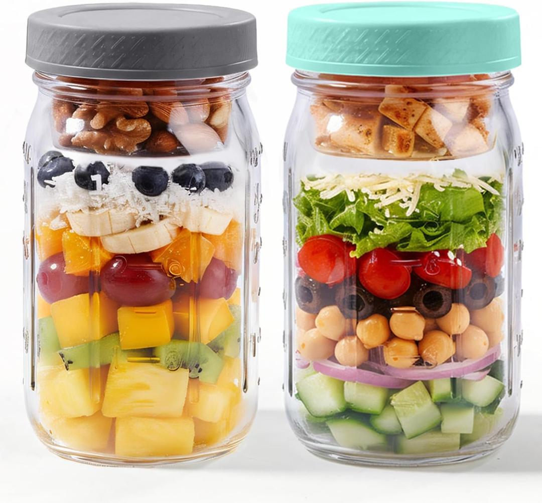 ComSaf 32oz Glass Salad Jars for Lunch 2-Pack, Round Mason Meal Prep Jars with Dressing Cup & Leakproof Lid, Anti-Soggy Salad Shaker for Office & Fitness, Precision Portion Control, Wellness