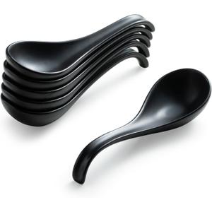 Gomakren Asian Soup Spoons, 6.5 Inch Ceramic Chinese Soup Spoons for Cereal, Ramen, Pho, Noodles, Stews, Black Kitchen Spoons with Long Handle and Deep Oval Design - Set of 6
