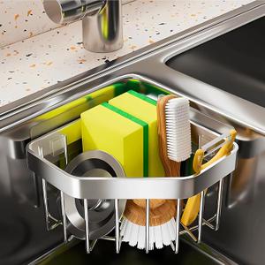 Kitchen Sink Organizer Corner Sponge Holder, Adhesive Stainless Steel Sponge Caddy for Kitchen,Dish Cloth Hanger Sponge Holder Sink Storage Rack for Space-Saving Storage(not for Rounded)