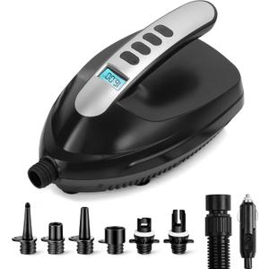 SereneLife Electric Paddle Board Pump  Portable 16 PSI Dual-Stage Air Compressor for Lightning-Fast Inflation, Auto-Off, LCD Display & 12V Car Connector  for SUPs, Boats & Inflatables (Black)