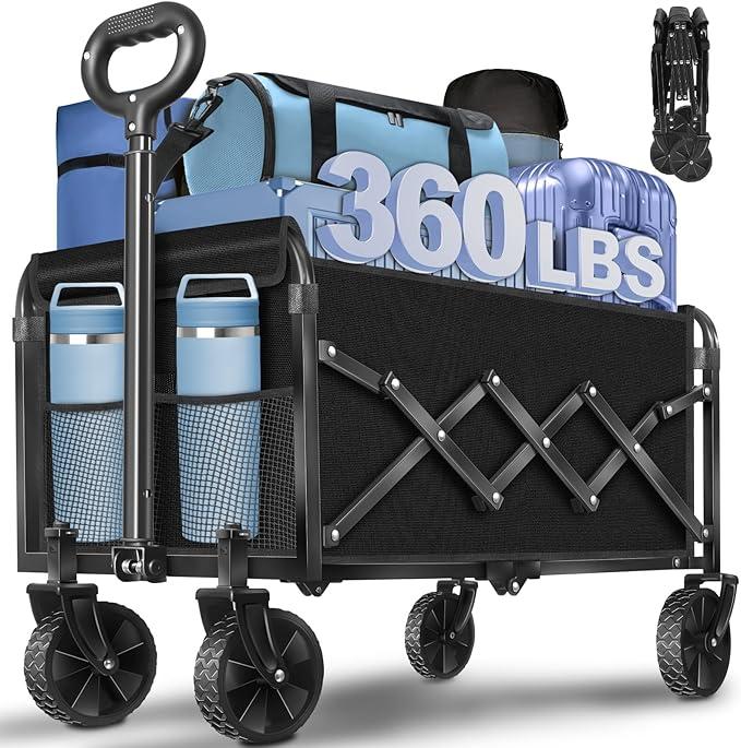 Wagons Carts Foldable, 360 Lbs with Adjustable Handle, Black Lightweight Portable, Collapsible Wagon for Beach Trip, Camping, Shopping, Sports, Travel, Picnic and Grocery (Dark Black)