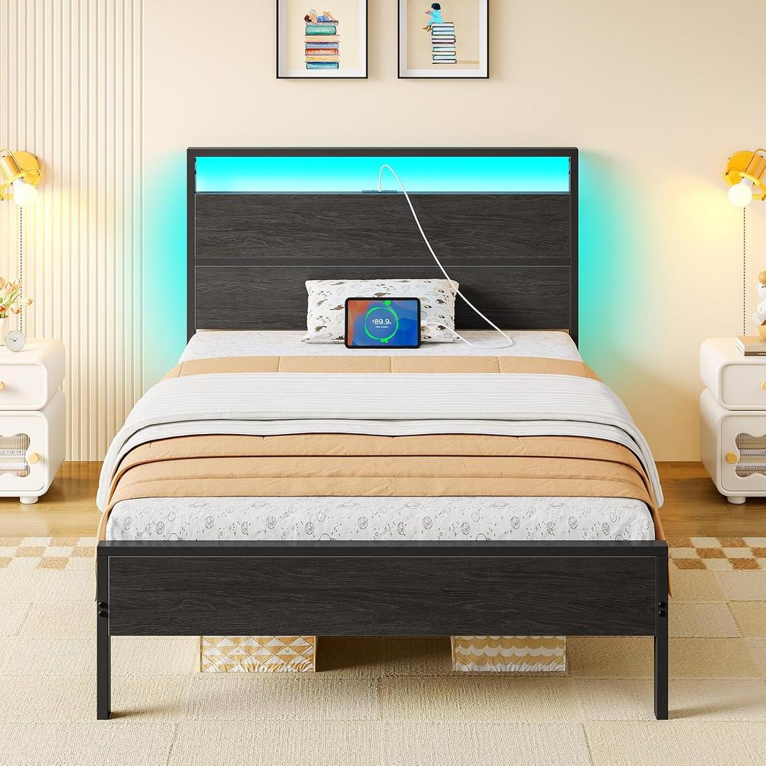 Rolanstar Bed Frame Twin Size with Charging Station, LED Twin Bed Frame with Wood Headboard, Platform Bed with Metal Slats & Under Bed Storage, No Box Spring Needed, Noise Free, Black Oak