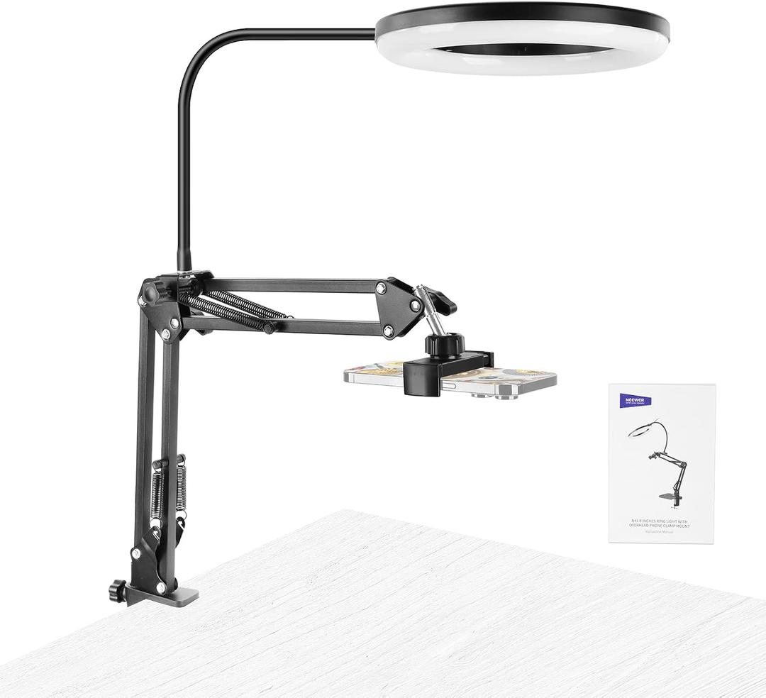 NEEWER Entry Level Version N41 8" LED Ring Light with Desk Clamp Stand/Remote, Overhead Phone Mount Holder Compatible with iPhone, Streaming Video Recording Selfie Nail Tech Food Photography Lighting