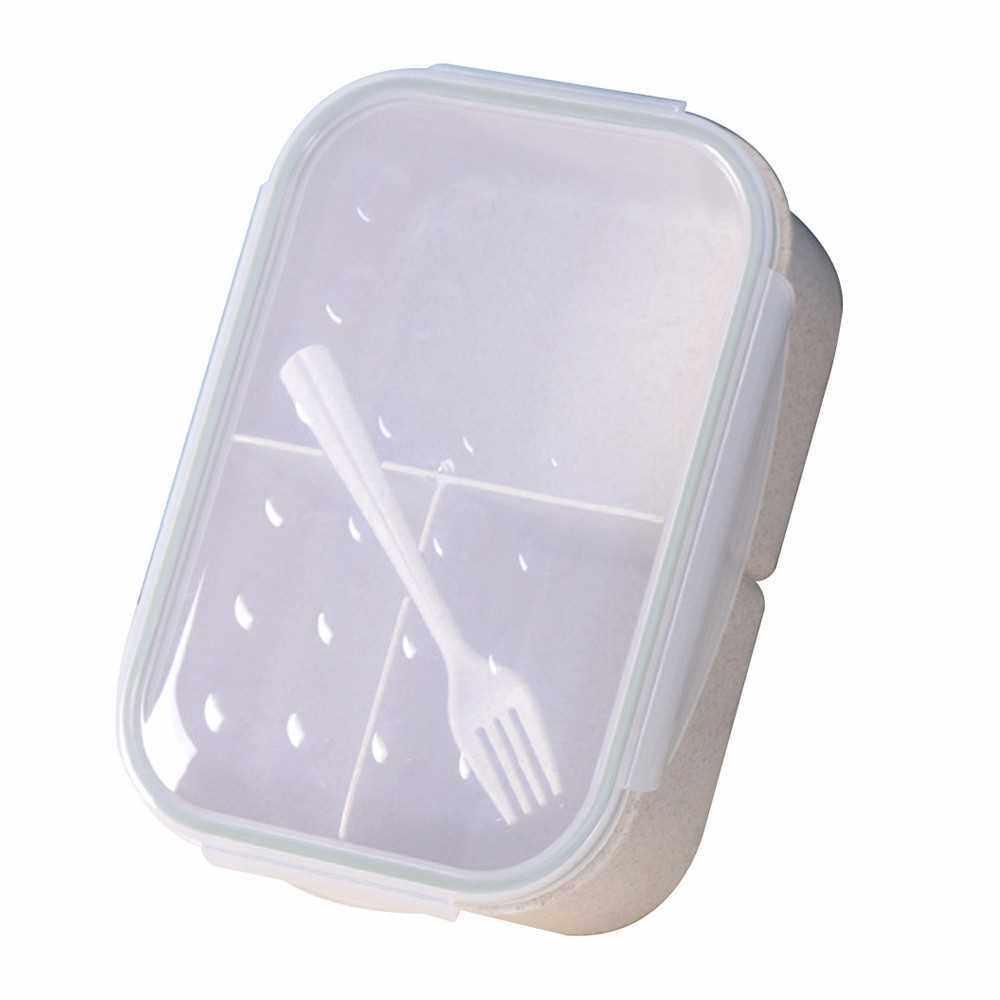 Wheat Grid Lunch Box Large-capacity Three Grids Bento Box Canteen Lunch Box for Kids and Adults Microwave Safe 1800ml with Fork
