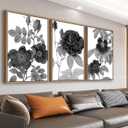 Large Framed Canvas Wall Art - Natural Float Framed Black Gray Flowers Pictures Decor Simple Blossom Leaves Botanical Artwork for Living Room Bedroom Kitchen Home Office Decoration 72" X 36" Set of 3