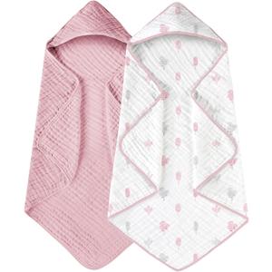 Yoofoss Hooded Baby Towels for Newborn 2 Pack 100% Muslin Organic Cotton Baby Bath Towel with Hood for Babies, Infant, Toddler and Kids, 32x32Inch, Soft and Absorbent Newborn Essential, Pink&Wh Leaf