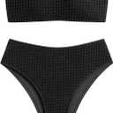 ZAFUL Women's High Cut Bandeau Bikini Set Strapless Solid Color 2 Pieces Bathing Suit Swimsuit (Medium, 6-black)