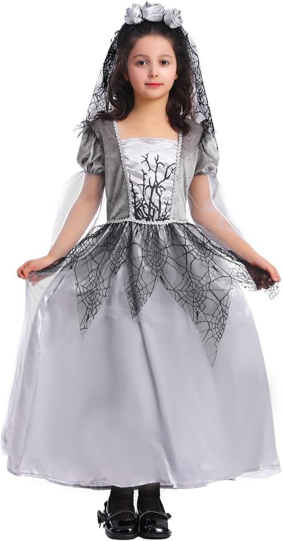 Girl Ghost Bride Costume Halloween Kids Fancy Dress (S(4-6Y))
