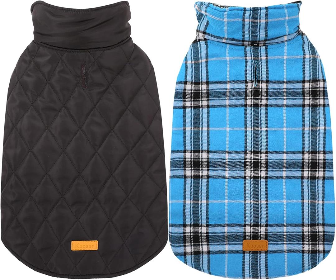 Kuoser Warm Dog Coat, Reversible Dog Jacket Waterproof Dogs Winter Coat British Style Plaid Clothes Pet Cold Weather Coats Cozy Snow Jacket Vest for Small Medium Large Dogs Blue XS (X-Small (Pack of 1), Blue)