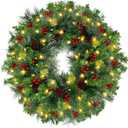 24 Inch Artificial Christmas Wreath with Red Berries, Pinecone, Pine Needles, 50 LED Lights with Timer, Battery Operated, Xmas Door Wreath for Indoor Outdoor Windows Wall Holiday Decor