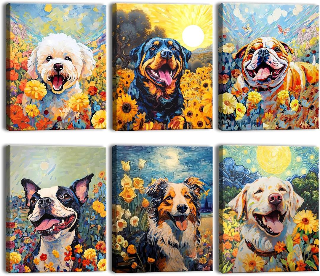 Dog Canvas Wall Art,Funny Dog Canvas Wall Art, Cute Puppy Animal Pictures Wall Decor Print,Colorful Dog Pop Art ,Dog Pop Art,Pet Lovers Kid Bedroom Pet Room Decor,Set of 6 (8"x10" Built-in frame)