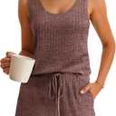 Imily Bela Womens Pajama Sets 2 Piece Sleeveless Summer Pjs Ribbed Knit Tank Top and Shorts Cute Lounge Sleepwear (Small, Coffee)