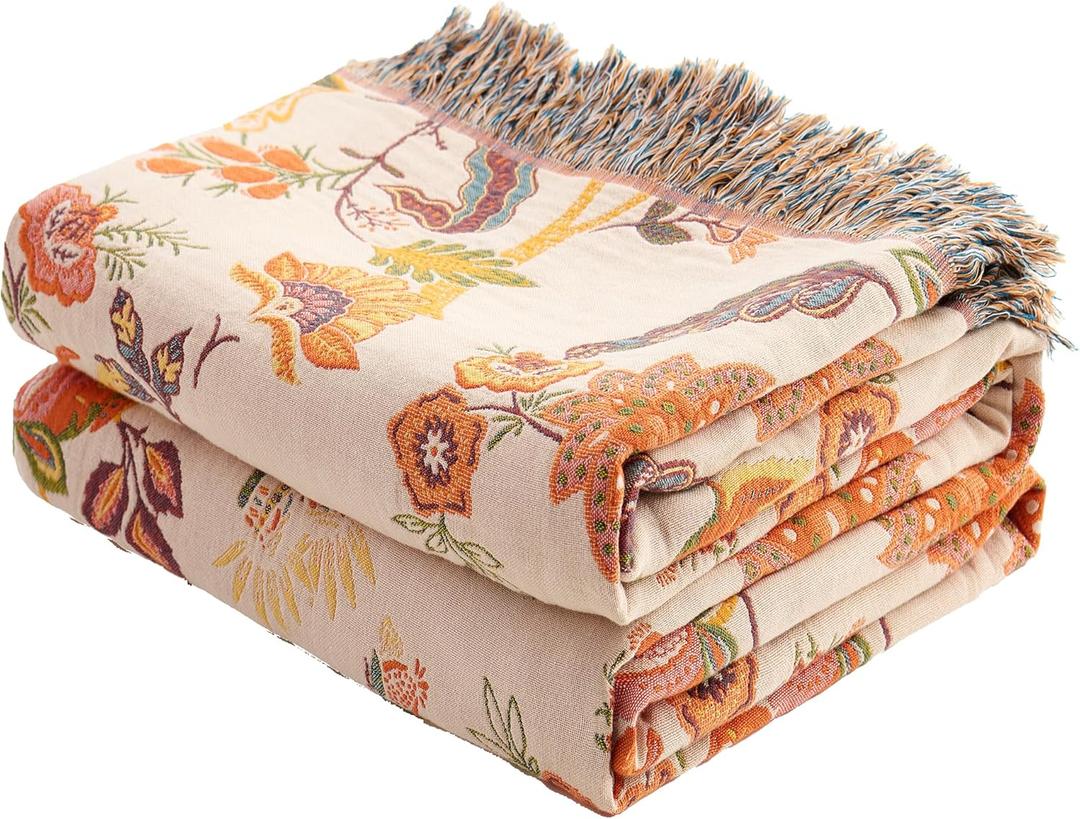 VANJOROY Boho Throw Blanket 60" x 80", 100% Organic Cotton Breathable Skin-Friendly Ultra Soft Bed Quilt Throw - Floral Rustic Decor Luxury Reversible Blanket for Sofa Couch Chair and Gift,