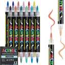 24 Colors Acrylic Marker With Double Brush Tips Automatic Ink Control, Water Based Ink Paint Markers For Rock, Wood, Ceramic, Glass, Stone, Fabric, DIY Crafts Textile & Art Supplies 12PCS