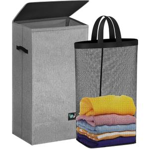 WTREE Laundry Hamper with Lid, Reinforced Sturdy Clothes Hamper with Anti-Puncture Base, Large Collapsible Laundry Basket with Removable Liner Bag, Tall Dirty Clothes Bin for Family, 100L Grey