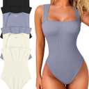 OQQ Women's 3 Piece Bodysuits Sexy Ribbed Strappy Square Neck Sleeveless Tummy Control Tank Tops Bodysuits (Medium, Blues,beige,black)