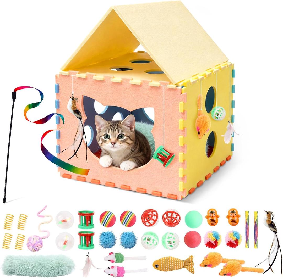 34Pcs Feather Wand Catnip Toy Set, Kitten Toys with Soft Pillow and Chew Rope, Interactive Cat Toys for Indoor Cats, Cat Play Set with Springs Balls and Bells