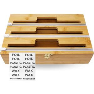 3-in-1 Premium Bamboo Aluminum Foil & Plastic Wrap Dispenser | Kitchen Organizer with Cutter | Great for Foil, Wax Paper, Plastic Wrap & More