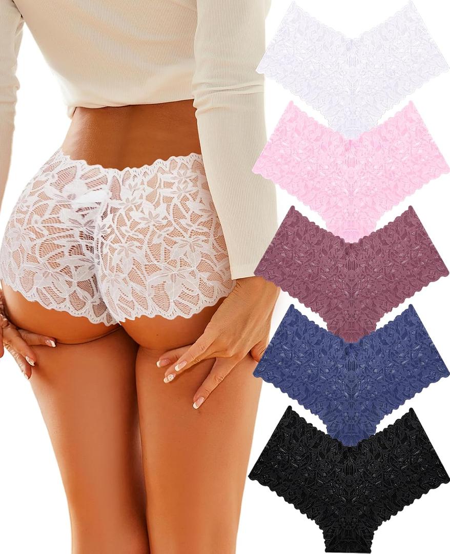 Sexy Underwear Panties for Women Cheeky V Waist Lace Boyshorts Lingerie Plus Size Underwear Gift Wife Women 5 Pack (3X-Large, 5 Pack-sky Blue*1 White*1 Baby Pink*1 Maroon*1 Black*1)