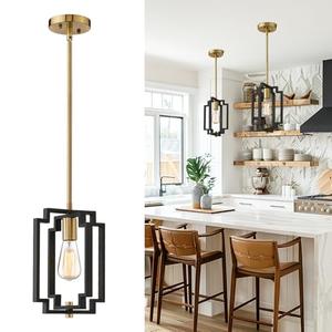Emliviar Industrial Pendant Light, 1-Light Kitchen Hanging Light Fixture Adjustable, Black and Gold Finish, JE1981M1L BK+G