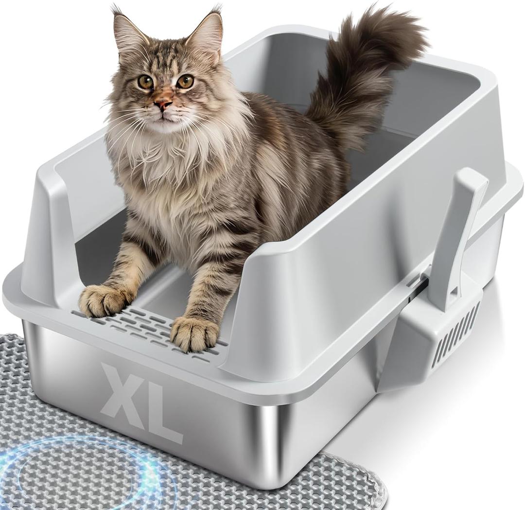 Stainless Steel Litter Box, XL Metal Litter Box with High Sides Lid, Extra Large Cat Litter Boxes for Big Cats, Anti-Urine Leakage, Non-Sticky, Easy Cleaning, Include Mat & Scoop