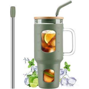 Glass Tumbler with Straw and Lid, 40 oz glass cup with handle, Glass Water Bottles with Time Marker, Silicone Protective Sleeve-Olive