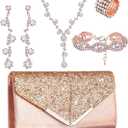 Henoyso 5 Pcs Purse Rhinestone Jewelry Set Prom Jewelry Rhinestone Clutch Purse Necklace Earrings Bracelets for Women Bride (Rose Gold)