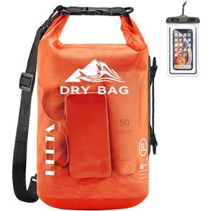 HEETA Dry Bag Waterproof for Women Men, 10L Roll Top Lightweight Dry Storage Bag Backpack with Phone Case for Travel, Swimming, Boating, Kayaking, Camping & Beach, 11 Transparent Colors (Orange)