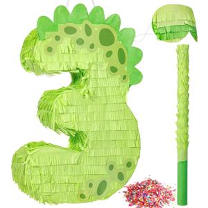 Poen 16 Inch Dinosaur Piñata Number 1 2 3 4 5 6 7 8 9 for Kids Birthday Party Cute Dino Piñata with Blindfold Stick and Confetti for Boys Girls Dinosaur Birthday Animal Theme Baby Shower Decor(3)