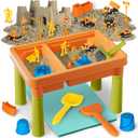 Lehoo Castle Sensory Table with Sensory Sand, Indoor Sensory Bin with Lid & 2.6lbs Play Sand, Construction Kit with 6 Alloy Trucks & Castle Molds, Sensory Toys for Toddler Boys and Girls (Orange)