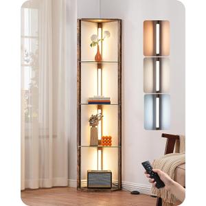 EDISHINE Corner Shelf with Light, 5-Tier Glass Display Shelf with Remote/Foot Control, 3CCT & Dimmable Corner Lamp, Open Display Cabinet, Standing Lamp for Living Room, Bedroom, Flamewood Color