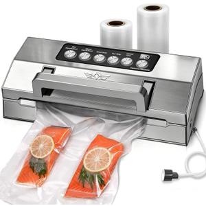 Precision Food Vacuum Sealer Machine, POWOT Fully Automatic Vacuum Sealing System, Commercial Food Vacuum Saver Pro, Double Heat Seal, Easy-Lock Handle, Built-in Cutter&Bag Storage, Hose&Bag Rolls (Grey)
