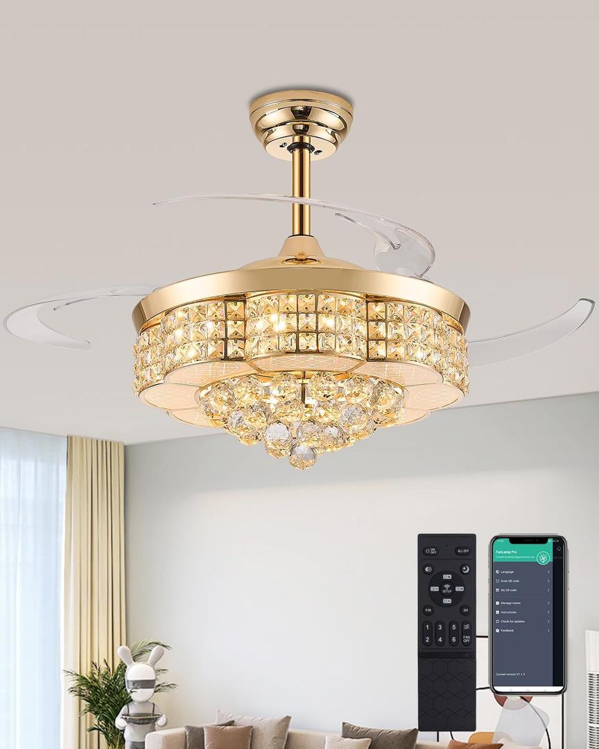 36" Retractable Chandelier Ceiling Fan with Lights, Crystal Dimmable Fandelier Ceiling Fan with Light and Remote for Bedroom Living Room,Gold