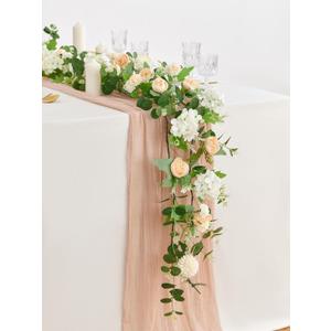 MISSPIN 5.9Ft Eucalyptus Garland with Flowers, Artificial Fake Flower Greenery Spring Garland for Baby Shower Wedding Mantle Table Centerpiece Spring Decor (Champagne)