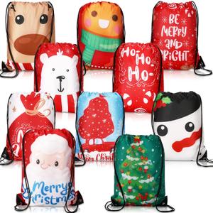 Shappy 10 Pieces Christmas Backpack Christmas Drawstring Bags, 15.7 x 13.7 Inch Large Gift Doll Backpack Drawstring Santa Xmas Goodies Treat Bags for Party Favor Supplies