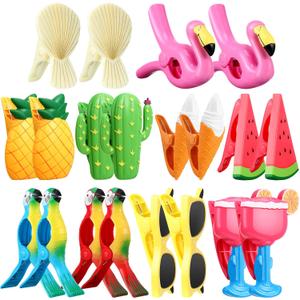 20 Pcs Beach Towel Clips Plastic Beach Chair Clips Flamingo Parrot Watermelon Pineapple Ice Cream Portable Swimming Pool Towel Holder Funny Clothespins for Christmas Party Gift Pool Blanket Decoration