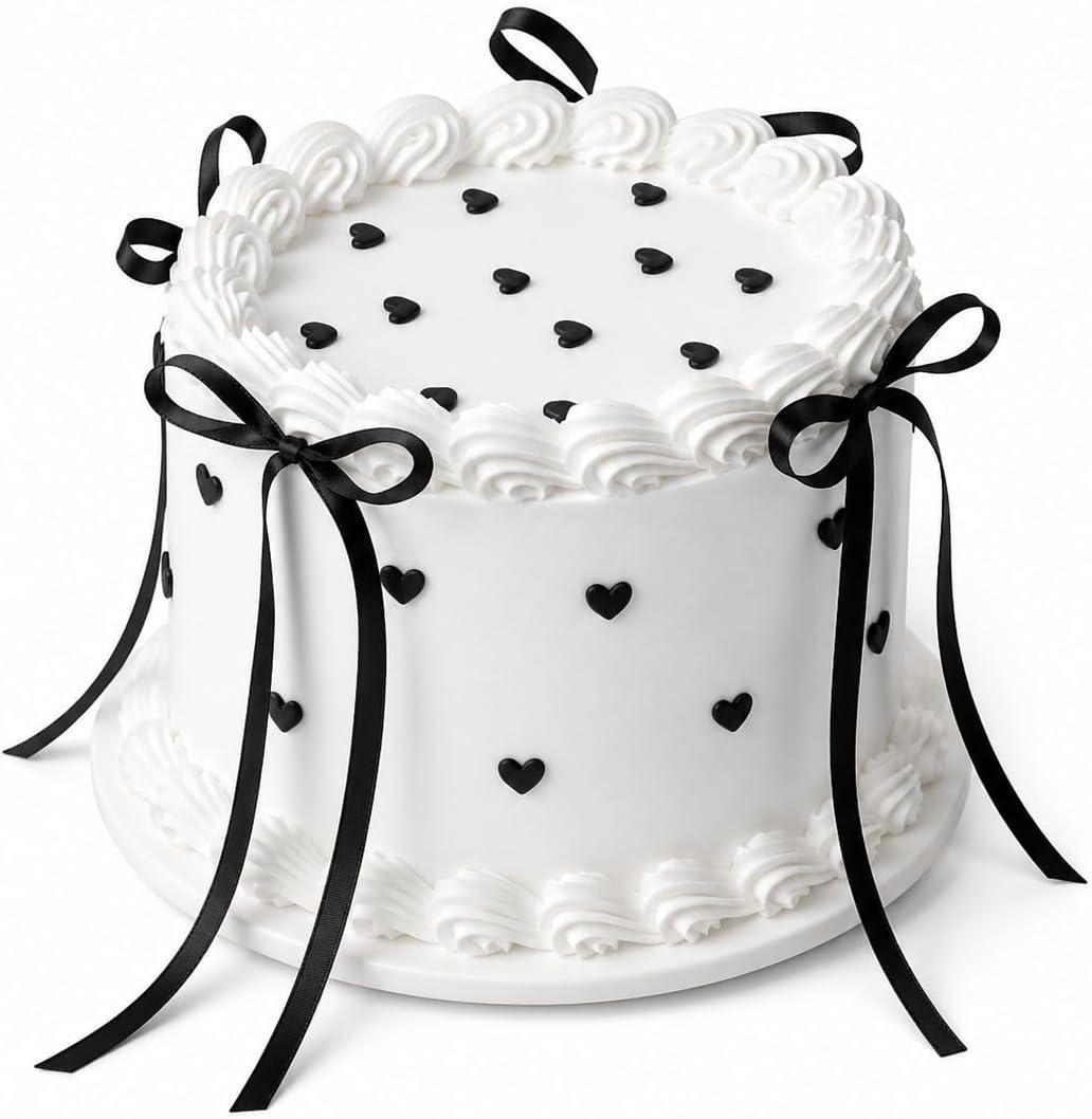 6 Inch Black Bow Fake Cake, White Round Artificial Cake Decor, Realistic Faux Birthday Cake for Display, Wedding Dessert Table, Photography Props, Bakery Window, Coquette Room Decor, Women Gift