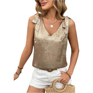 SHENHE Women's Metallic Tank Top Tie Bow V Neck Sleeveless Dressy Casual Going Out Blouse Top (M)